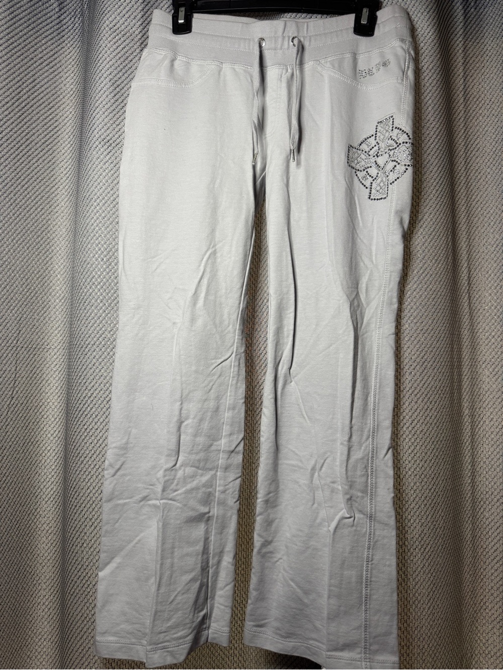 BCBGMAXAZRIA Y2K Gray Low Rise Sweatpants with Rhinestone Cross